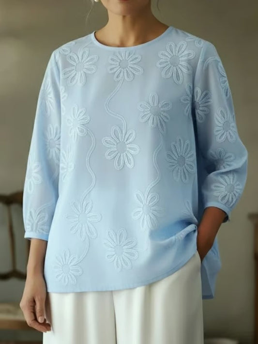 Women's Vintage Romantic Floral Embroidered Cutout Design Blouse Shirt