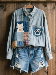 Women's Lovely Cat Pattern Patchwork Art Linen Blend Shirt