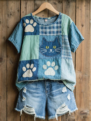 Women's Lovely Cat Pattern Patchwork Art Top