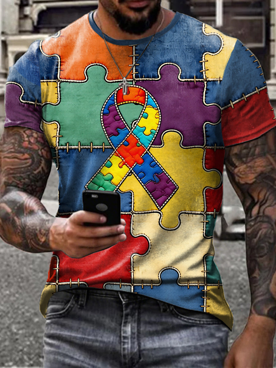 Men's Autism Awareness Print Short Sleeves T-shirt