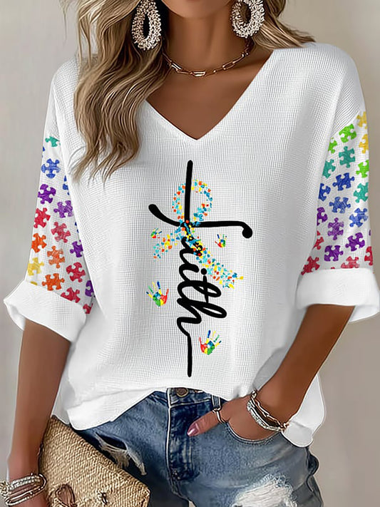 Women's Autism Awareness Printed Waffle T-shirt