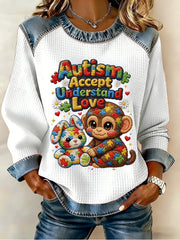 Women's Autism Awareness Printed Patchwork Top
