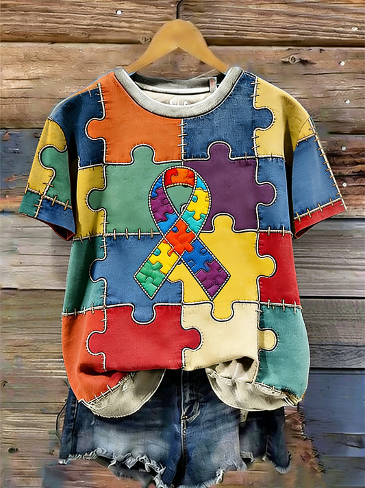 Women's Autism Awareness Print Short Sleeves T-shirt