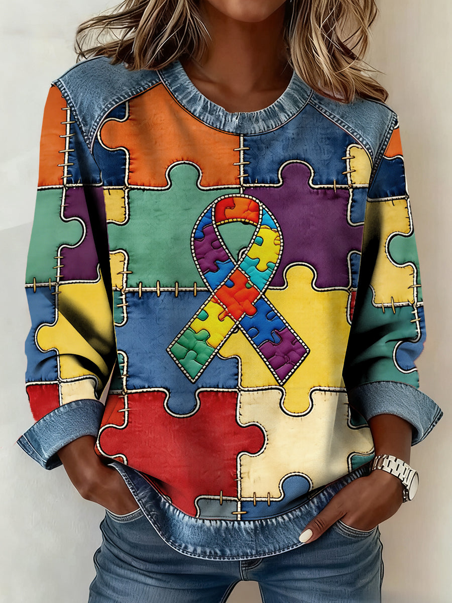 Women's Autism Awareness Denim Patchwork Top