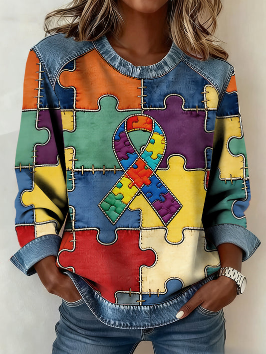 Women's Autism Awareness Denim Patchwork Top