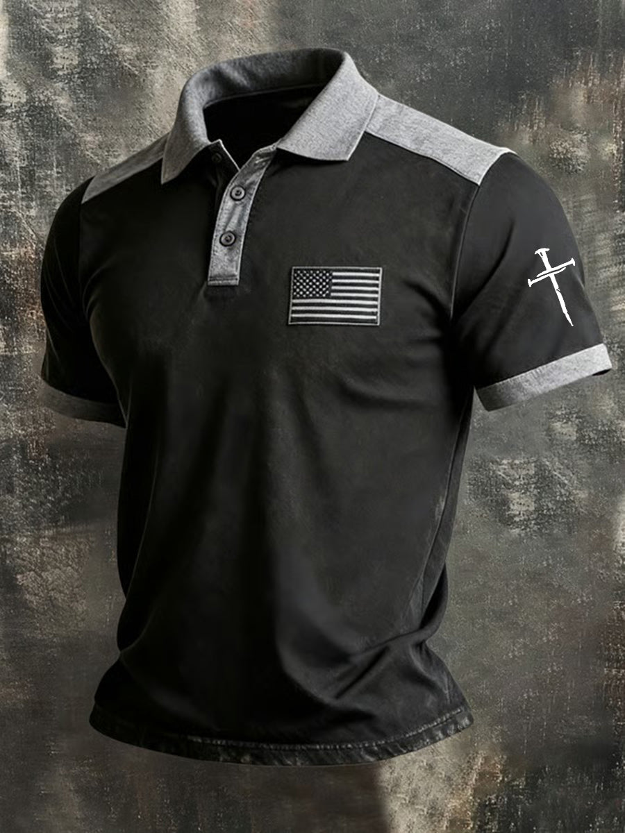 Men's Faith Cross And American Flag Print Polo Shirt