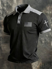 Men's Faith Cross And American Flag Print Polo Shirt