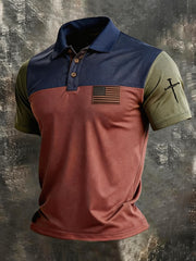 Men's Faith Cross And American Flag Print Polo Shirt