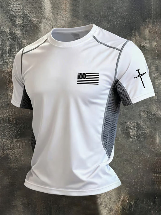 Men's Faith Cross And American Flag Print T-Shirt