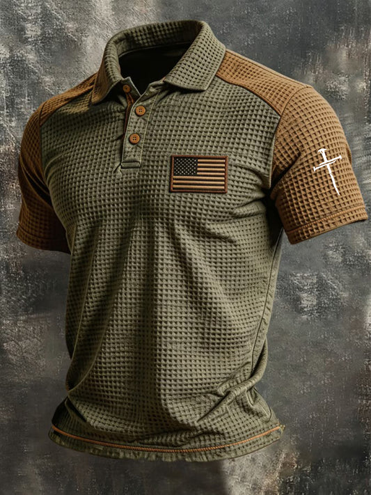 Men's Faith Cross And American Flag Print Waffle Polo Shirt