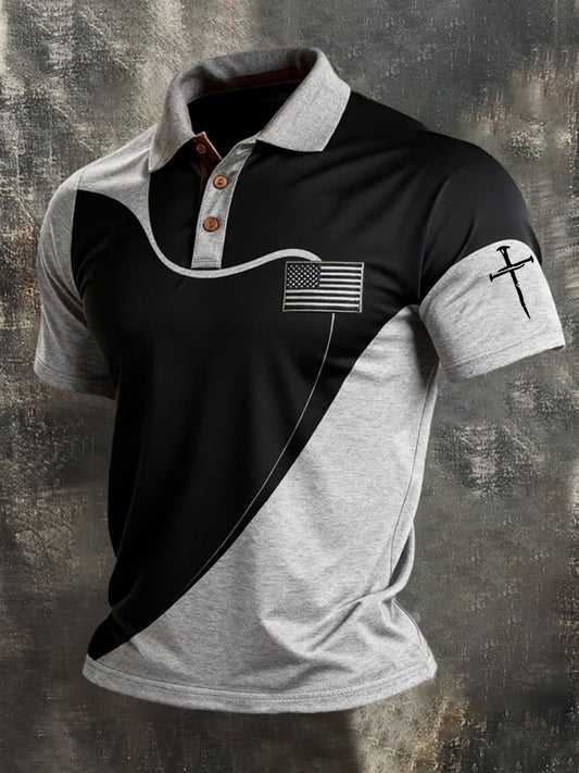 Men's Faith Cross And American Flag Print Polo Shirt
