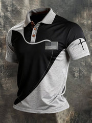 Men's Faith Cross And American Flag Print Polo Shirt