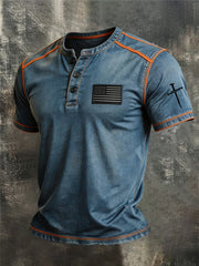 Men's Faith Cross and American Flag Print Vintage Washed T-Shirt