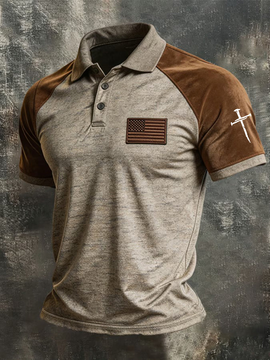 Men's Faith Cross and American Flag Print Vintage Polo Shirt