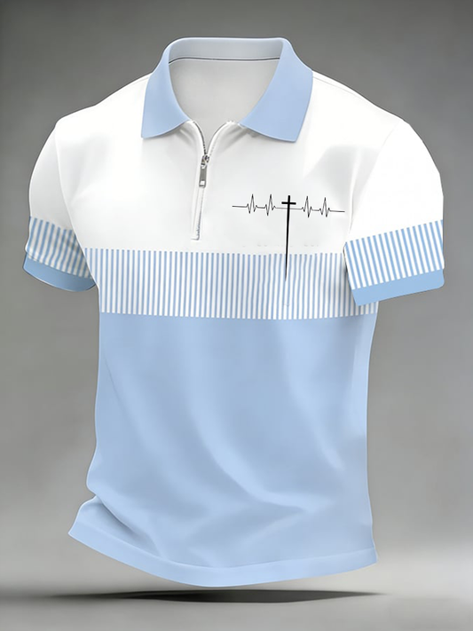 Men's Cross-shaped Electrocardiogram Zip Up Short Sleeve Shirt
