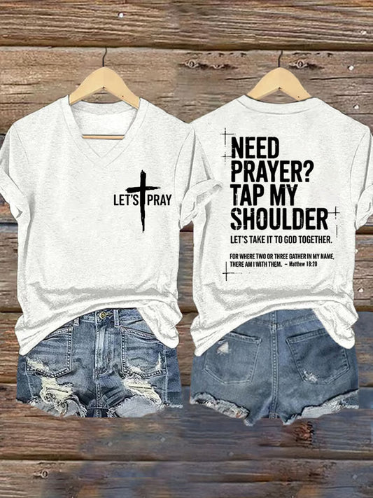 Women's Need Prayer?Tap My Shoulder Print V-Neck Tee