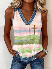 Women's Christian Faith Art Print Denim Patchwork Top