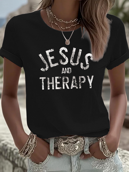 Women's Jesus and Therapy Iron On Short Sleeve T-Shirt