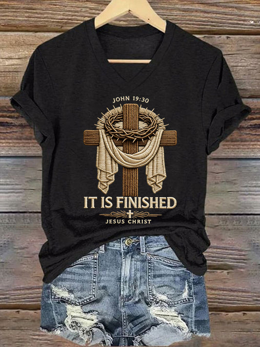 Women's  He Is Risen It’s Finished Easter Jesus Christian Cross Print Casual V-Neck Tee