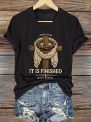 Women's  He Is Risen It’s Finished Easter Jesus Christian Cross Print Casual V-Neck Tee