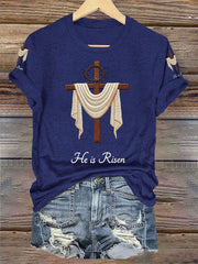 Women's He Is Risen Jesus Christian Cross Print V-Neck Tee