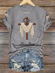 Women's He Is Risen Jesus Christian Cross Print V-Neck Tee