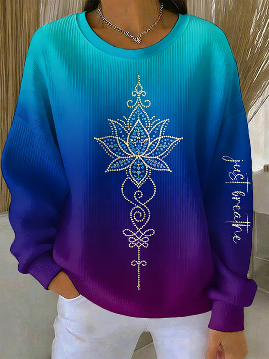 Women's Mental Health Awareness Just Breathe Print  Ribbed Round-Neck Sweatshirt