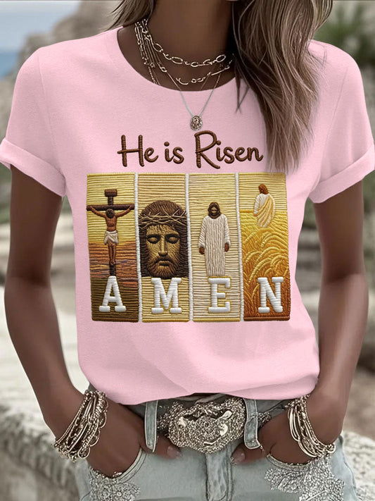 Women's He Is Risen Jesus Christian Cross Print Tee