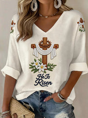 Women's He Is Risen Jesus Christian Cross Print Waffle V-Neck Top