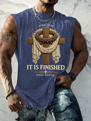 Men's He Is Risen It’s Finished Jesus Christian Cross Print Casual Tank Top