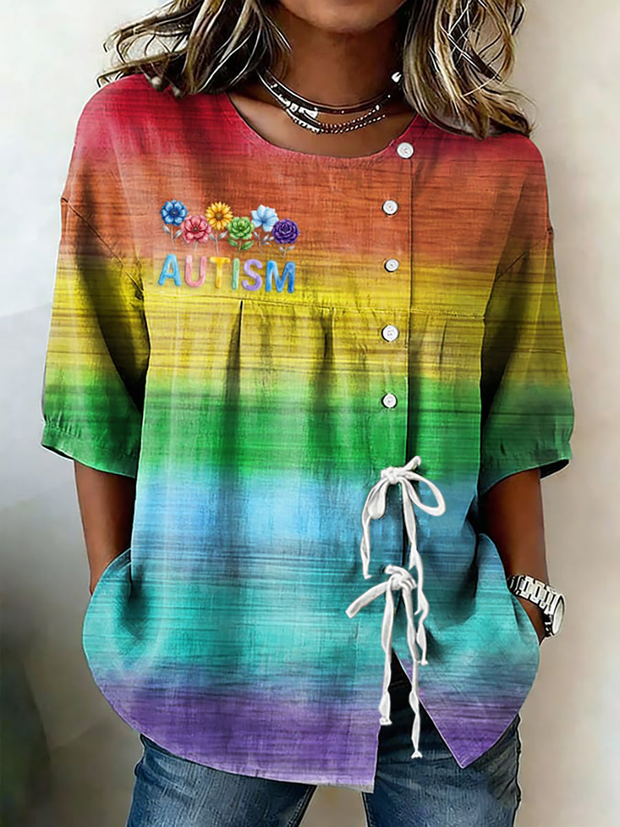Women's Autism Awareness Print Linen Shirt