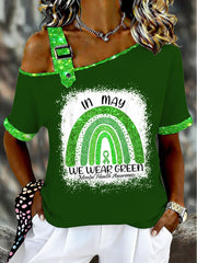 Women's In May We Weer Green Mental Health Awarenes Asymmetrical Shoulder Short-Sleeve T-Shirt