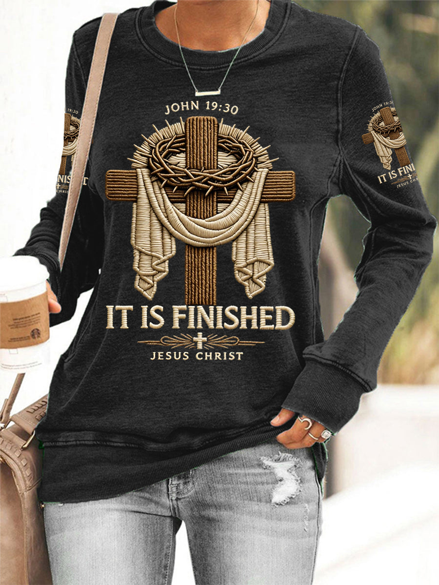 Women's  He Is Risen It’s Finished Jesus Christian Cross Print Casual Sweatshirt