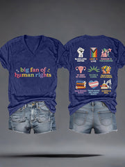 Women's Big Fan of Human Rights Embroidery Pattern V-Neck T-Shirt