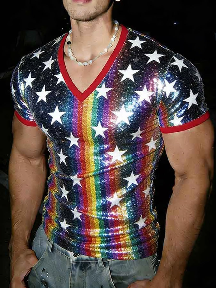 Men's Pride Month Rainbow Art V-Neck Short Sleeve T-shirt