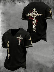 Men's Christian Cross Printed V-neck T-shirt