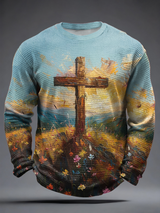 Men's Cross on a Hill Wall Art Print Waffle Long Sleeve T-Shirt