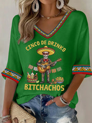 Women's Funny Cinco De Drinko Bitchachos Skeleton Print Casual Waffle Top