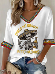 Women's Funny Cinco De Drinko Bitchachos Skeleton Print Casual Waffle Top