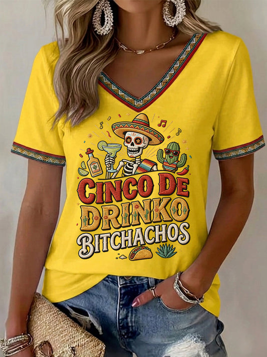Women's Funny Cinco De Drinko Bitchachos Skull Print V-Neck Tee