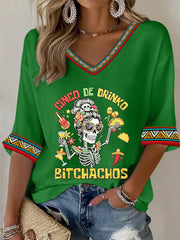 Women's Funny Cinco De Drinko Bitchachos Skeleton Print Casual  Waffle T-shirt