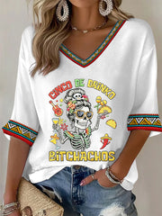 Women's Funny Cinco De Drinko Bitchachos Skeleton Print Casual  Waffle T-shirt