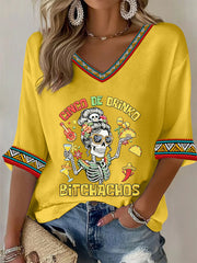 Women's Funny Cinco De Drinko Bitchachos Skeleton Print Casual  Waffle T-shirt
