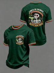 Men's Funny Cinco De Drinko Bitchachos Skeleton Print Casual Short-Sleeve T-shirt