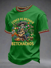 Men's Funny Cinco De Drinko Bitchachos Skeleton Print Casual Tee