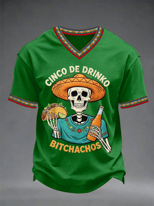 Men's Funny Cinco De Drinko Bitchachos Skeleton Print Casual V-Neck Tee