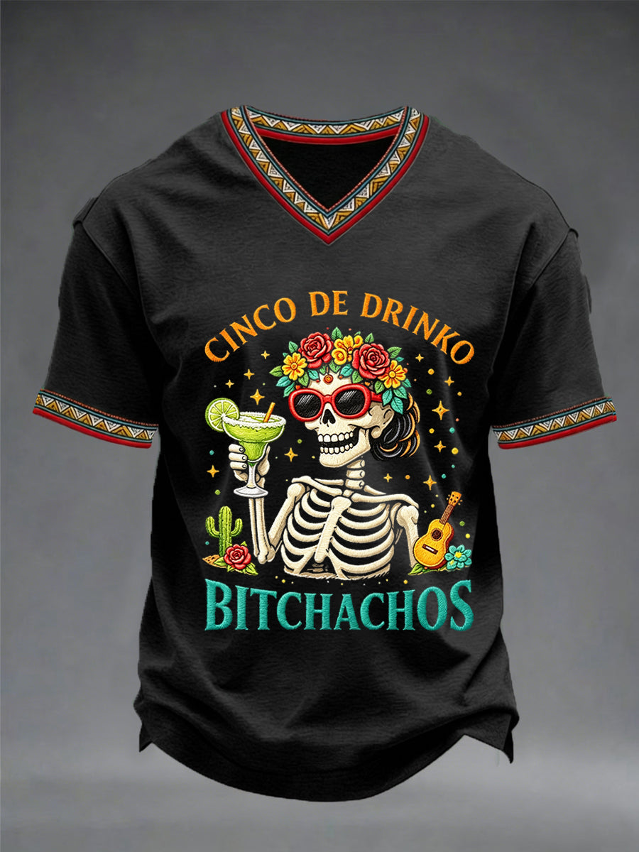 Men's Funny Cinco De Drinko Bitchachos Skeleton Print Casual Short-Sleeve V-neck T-shirt