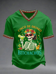 Men's Funny Cinco De Drinko Bitchachos Skeleton Print Casual Short-Sleeve V-neck T-shirt