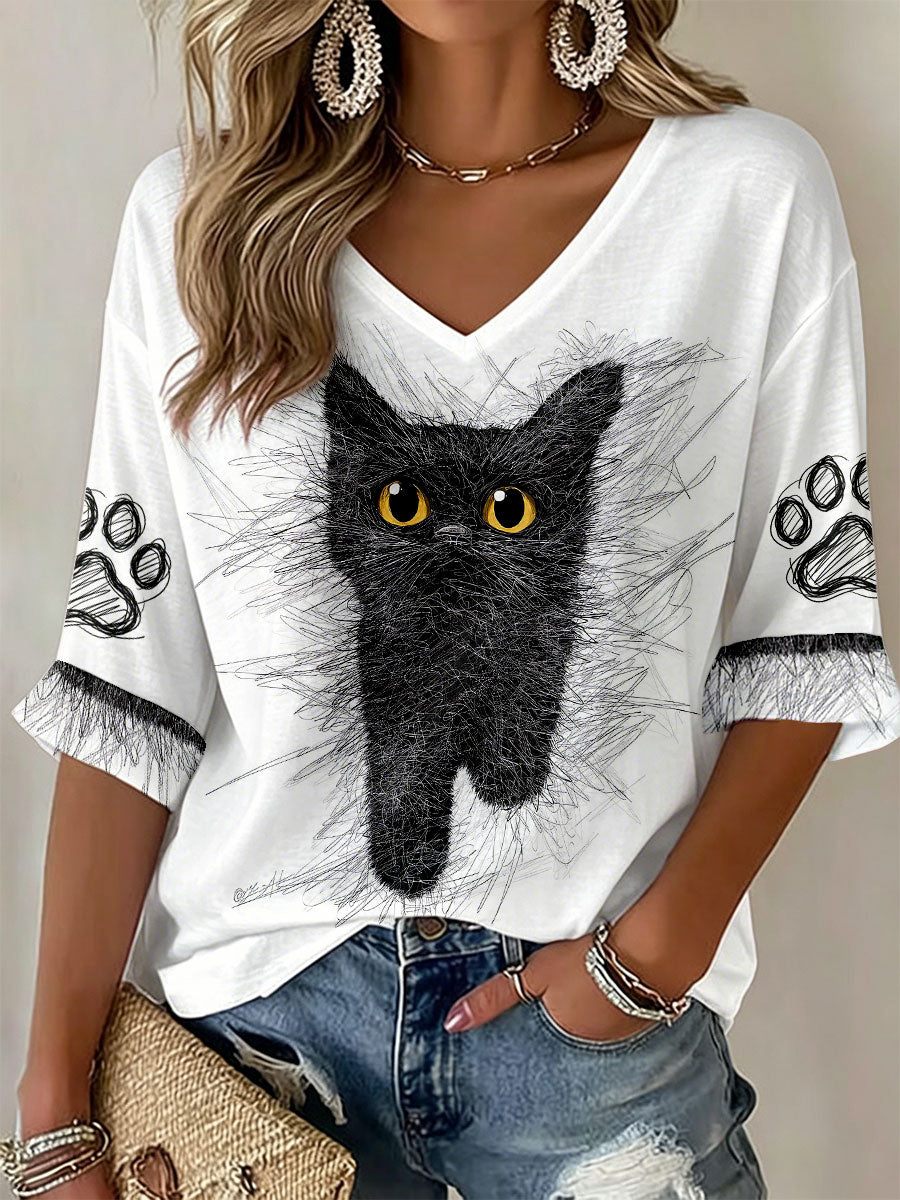 Women's Cat Art Print V-Neck T-Shirts