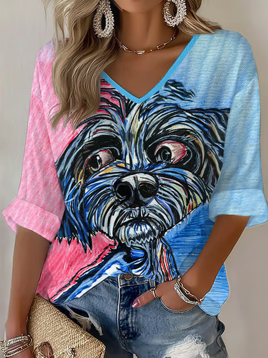 Women's Dog Art  Printed  Waffle T-shirt